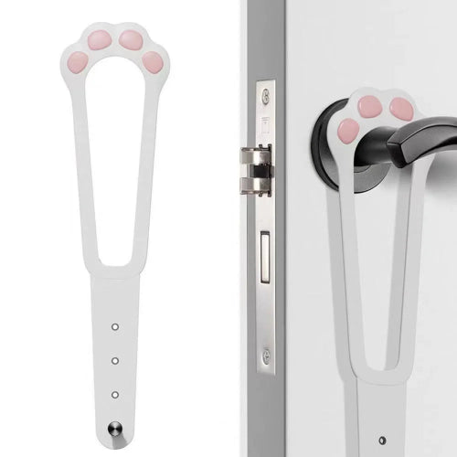 An adjustable cat door latch with a design resembling a cat's paw, shown in two color variations (black with pink paw prints and white with pink paw prints). The product is displayed in use on a door with a dog looking through the latch and a cat waiting outside.
