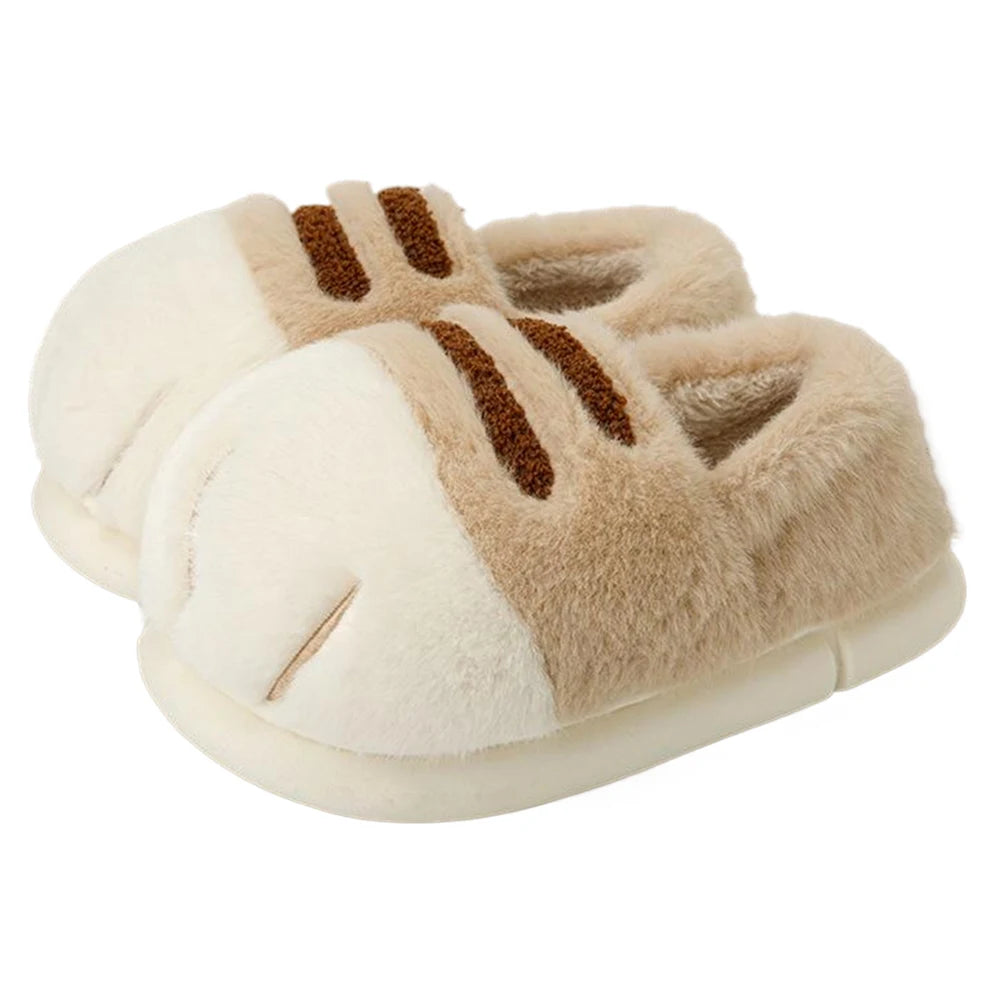 A pair of plush home slippers designed to resemble cat paws, with a brown color scheme and a flat sole.