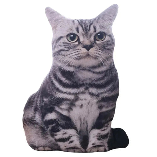 3D cat-shaped sofa decoration pillow in gray and white colors with a realistic design, sitting with a black base.