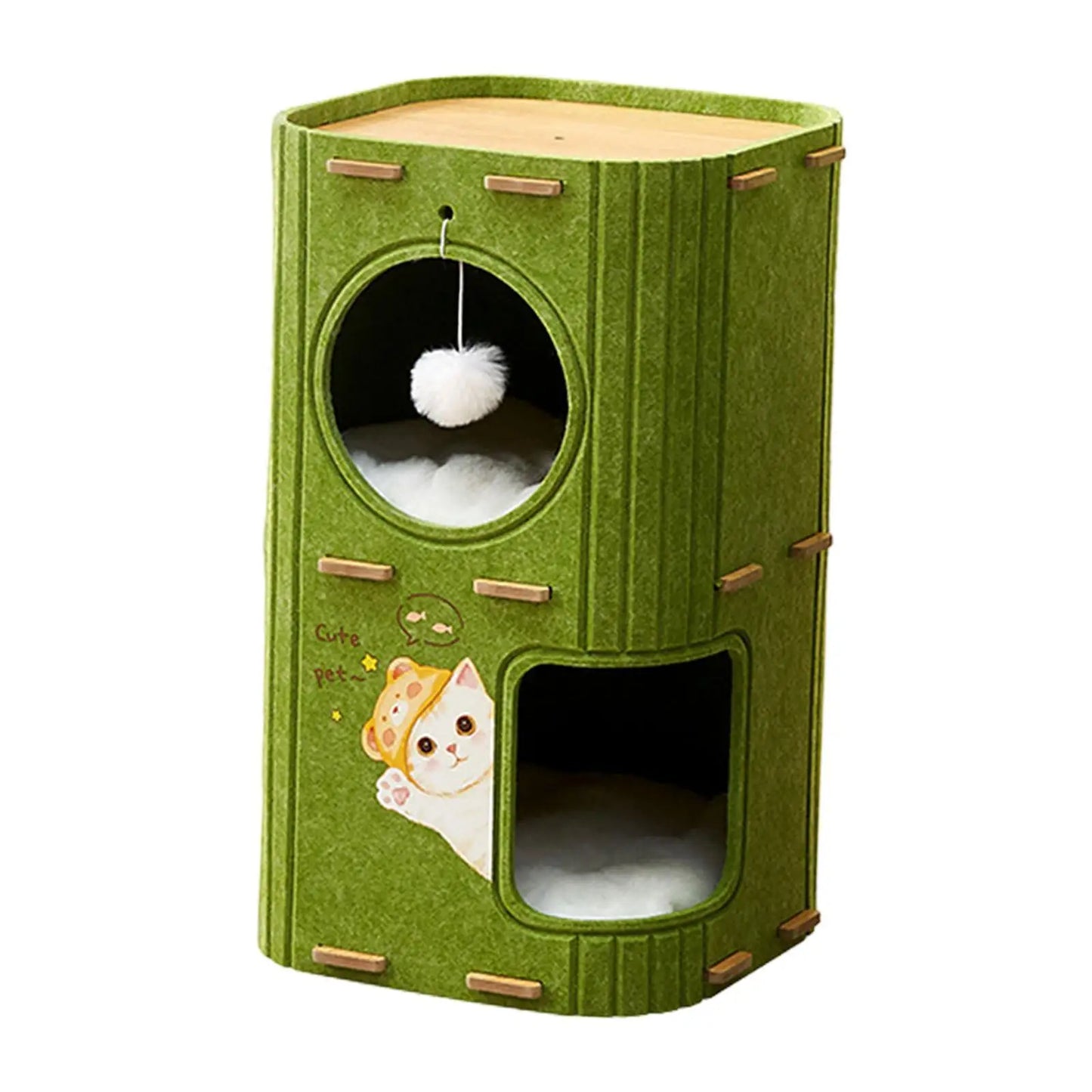 A green Cozy Cat Tree Condo Bed with a white cat face on the front, multiple levels, and a bell hanging from the top.