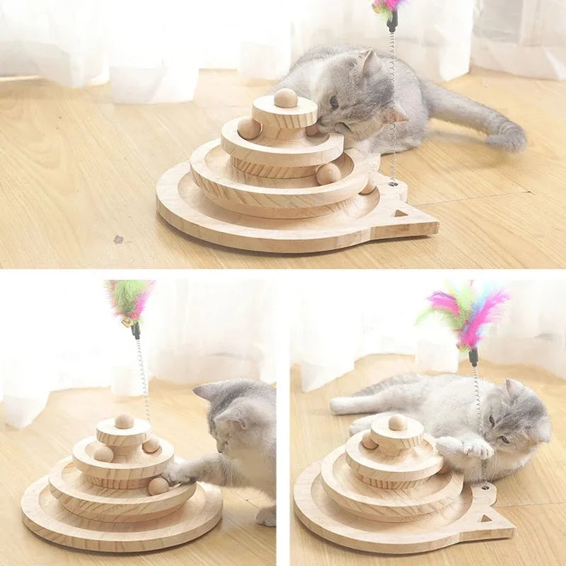 Triple-Level Wooden Cat Toy Tower
