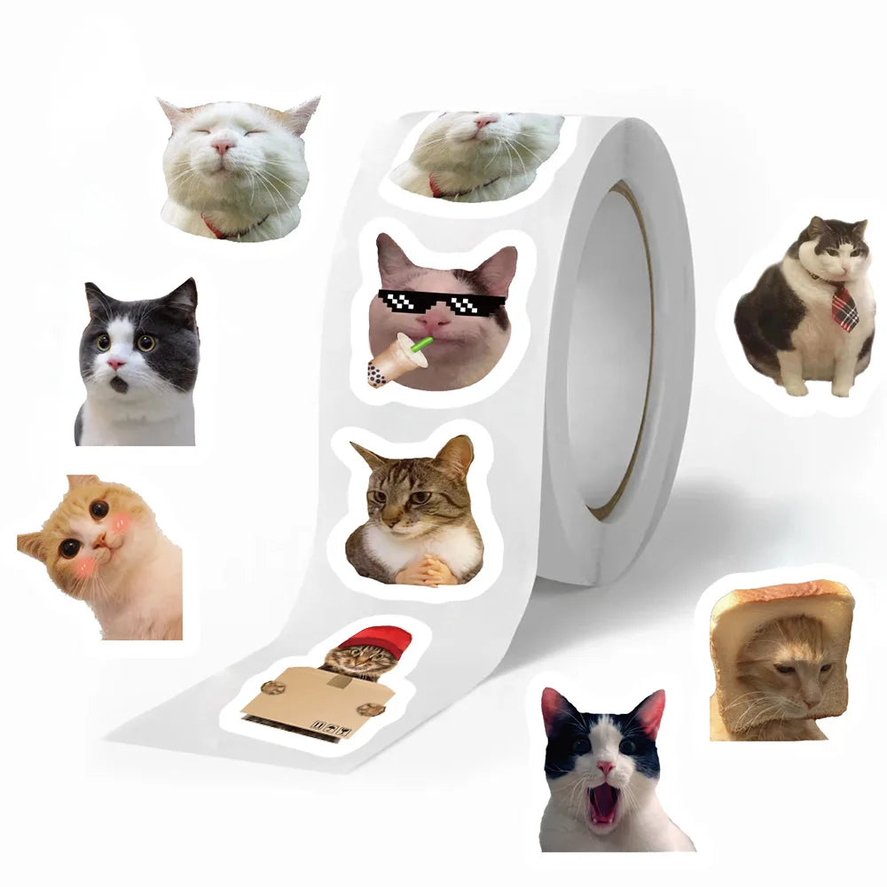 A collection of various cat-themed stickers displayed around a roll of sticker paper.