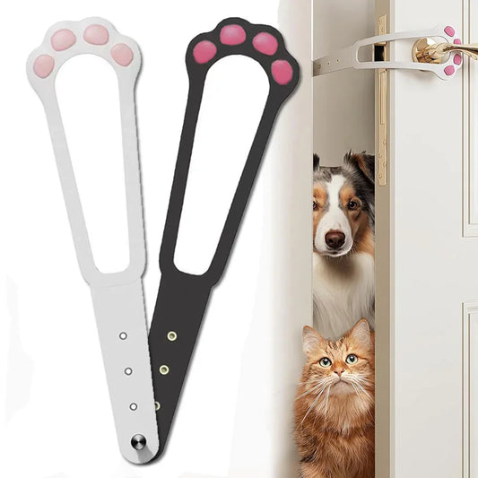 An adjustable cat door latch with a design resembling a cat's paw, shown in two color variations (black with pink paw prints and white with pink paw prints). The product is displayed in use on a door with a dog looking through the latch and a cat waiting outside.