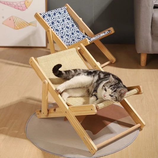 A cat recliner bed and nest with adjustable positions, made of wood and fabric, shown with a cat lying on it.