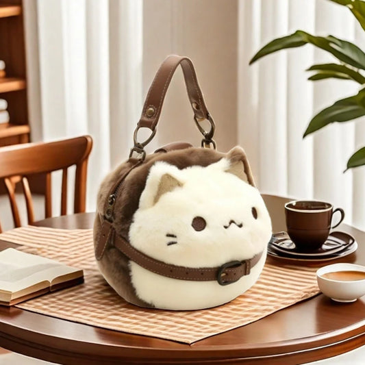 A beige and brown plush cat handbag placed on a table with a cup of coffee and books in the background.