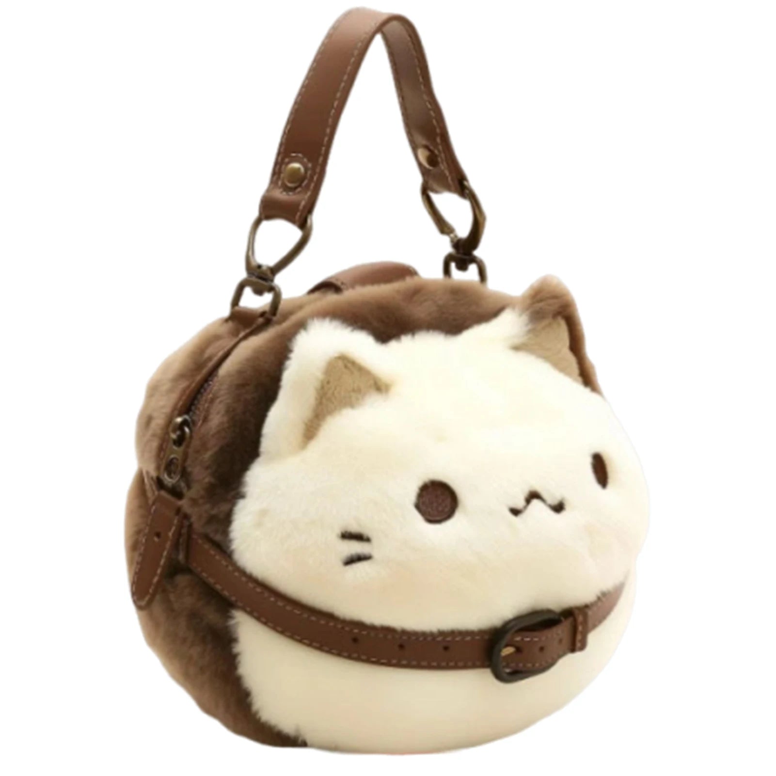 A beige and brown plush cat handbag with a shoulder strap, featuring a cute cartoon design.
