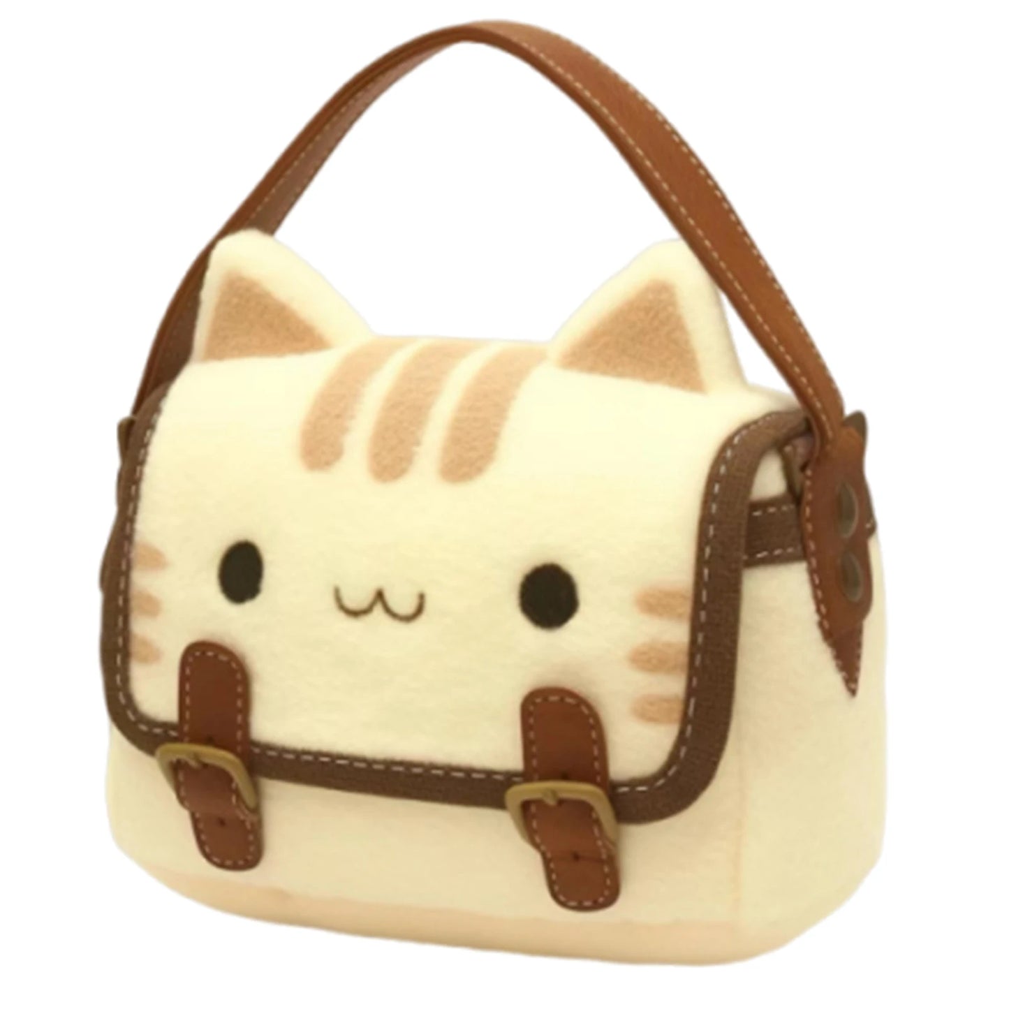 A beige plush handbag designed to look like a cartoon cat with brown straps and details.