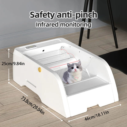 A white AutoClean Smart Cat Litter Box with a safety anti-pinch infrared monitoring feature, displayed with dimensions and a cat inside for scale.
