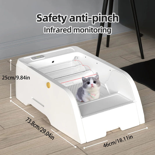 A white AutoClean Smart Cat Litter Box with a safety anti-pinch infrared monitoring feature, displayed with dimensions and a cat inside for scale.