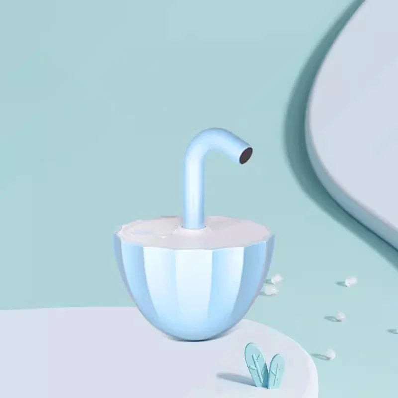 A blue and white automatic laser cat toy with a tumbler design, featuring a flexible hose with a laser pointer at the top, set against a soft blue background with some scattered white cat toy pieces.