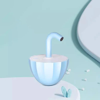 A blue and white automatic laser cat toy with a tumbler design, featuring a flexible hose with a laser pointer at the top, set against a soft blue background with some scattered white cat toy pieces.