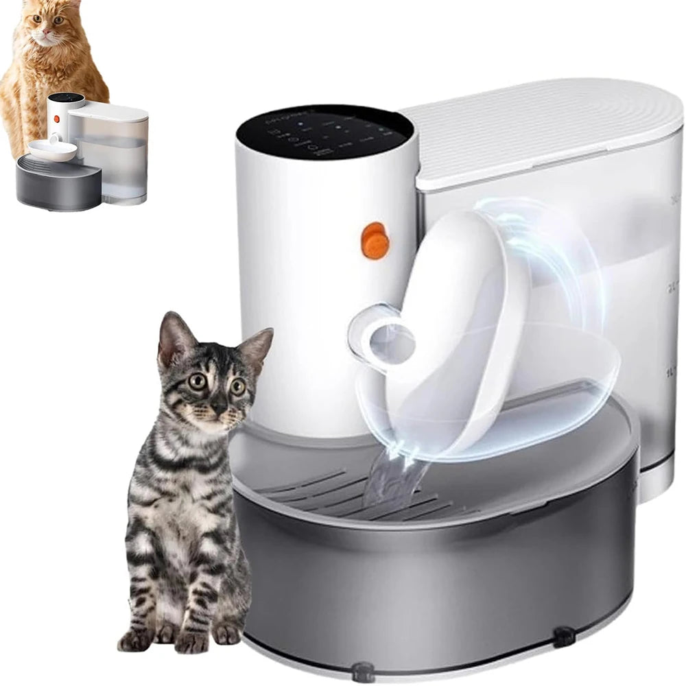 An automatic pet water dispenser with a white and gray base and a transparent water container, depicted alongside a cat and a small dog figurine.