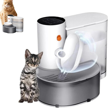 An automatic pet water dispenser with a white and gray base and a transparent water container, depicted alongside a cat and a small dog figurine.