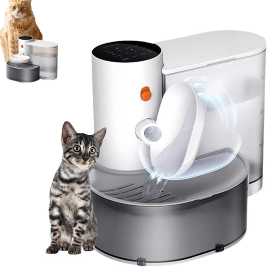 An automatic pet water dispenser with a white and gray base and a transparent water container, depicted alongside a cat and a small dog figurine.