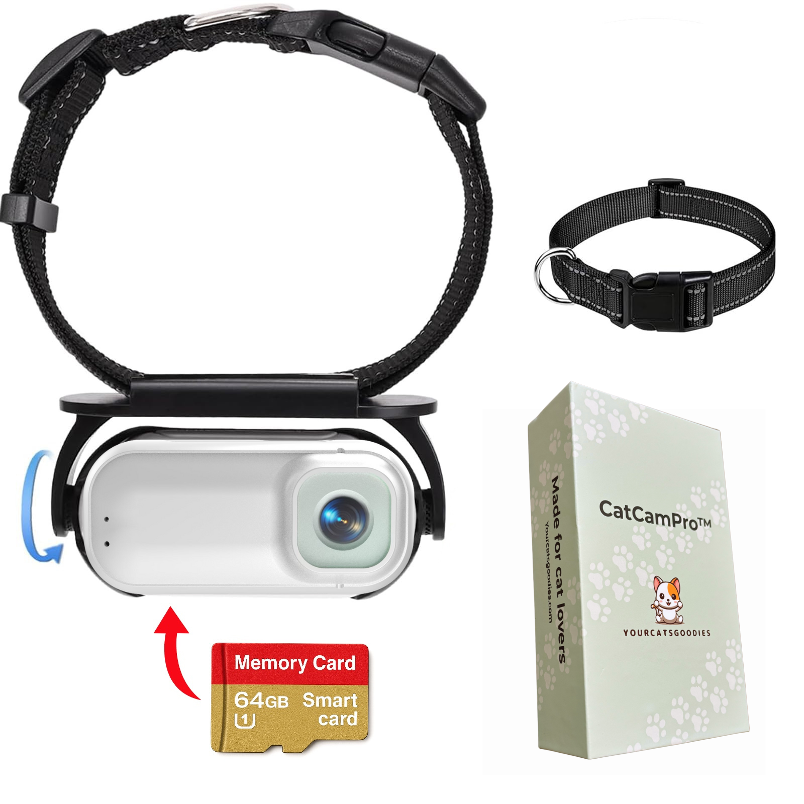 Cat camera with collar, memory card, and packaging on a white background