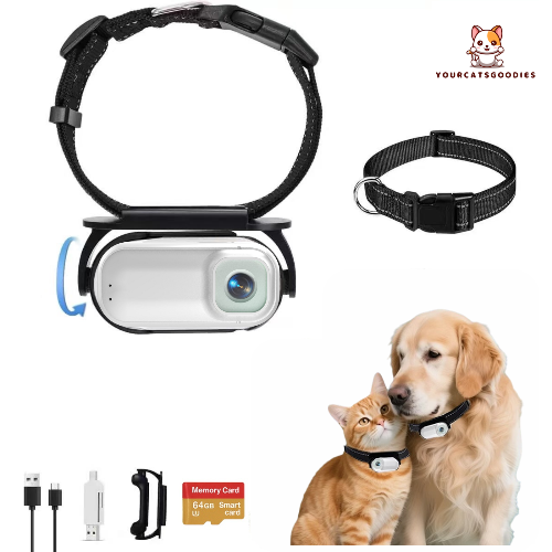 Pet camera device with collar, camera, and accessories with dog and cat on a white background.