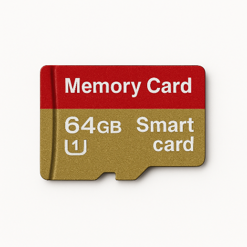 64GB memory card with red and gold design on a white background