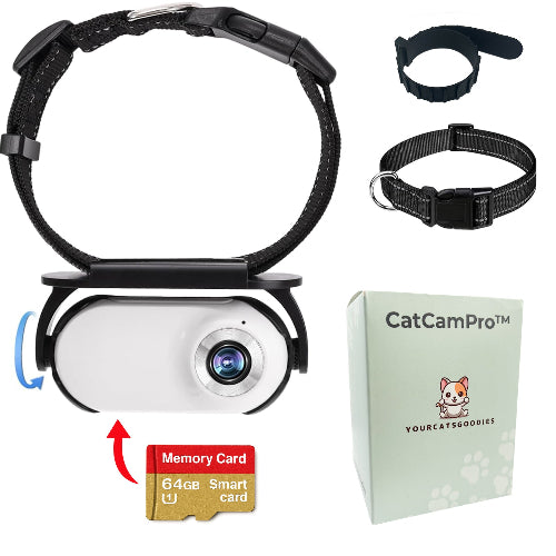 CatCamPro pet camera system with collar, memory card, and packaging on a white background