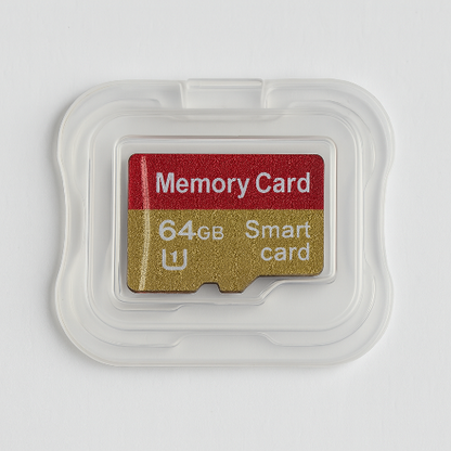 64GB memory card in clear packaging on a white background