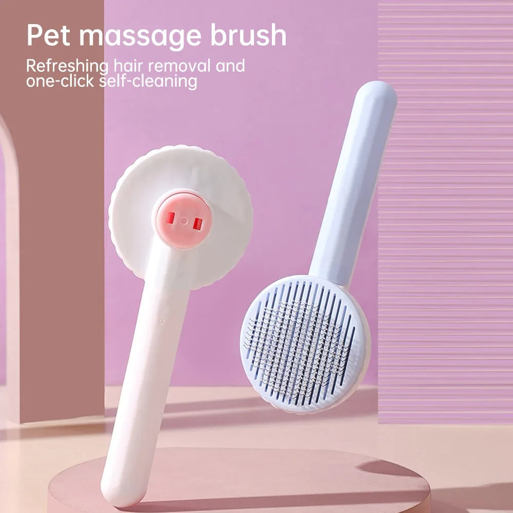 Two cat grooming brushes in upright positions with one brush showing fine bristles and a pink handle, and the other showing a white handle with fine bristles.
