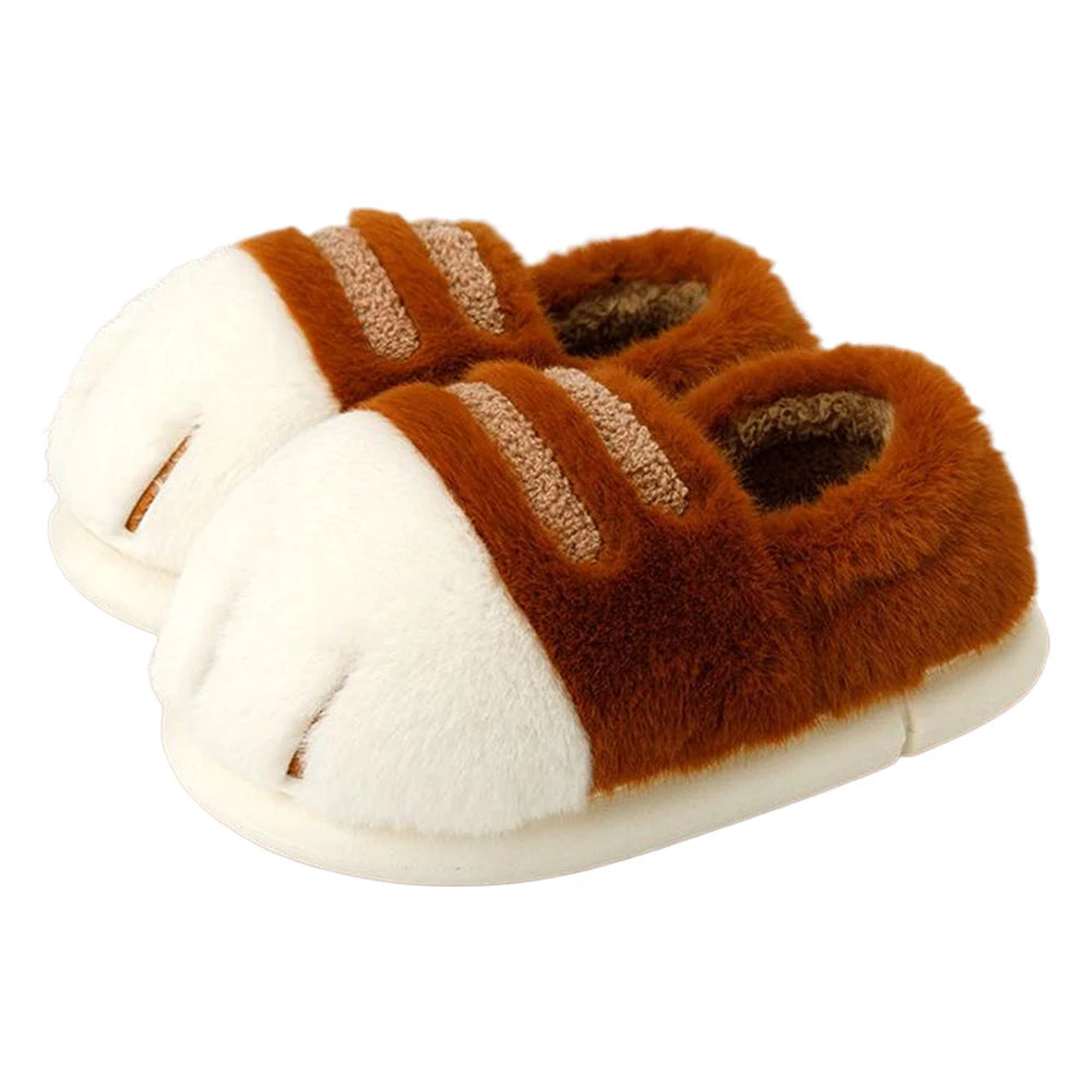 A pair of plush home slippers designed to resemble cat paws, with brown coloring and white at the tips of the paws.