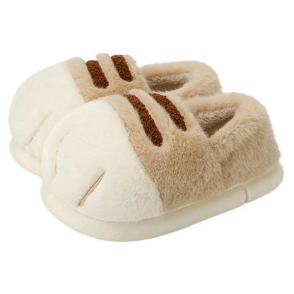 A pair of plush home slippers designed to resemble cat paws, with a brown color scheme and a flat sole.