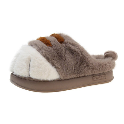 A plush home slipper with a 3D cat paw design in brown color, featuring a soft exterior and a flat sole.