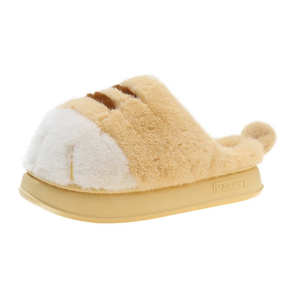 A plush home slipper with a cat paw design, featuring a beige color and made of soft material with a flat sole.