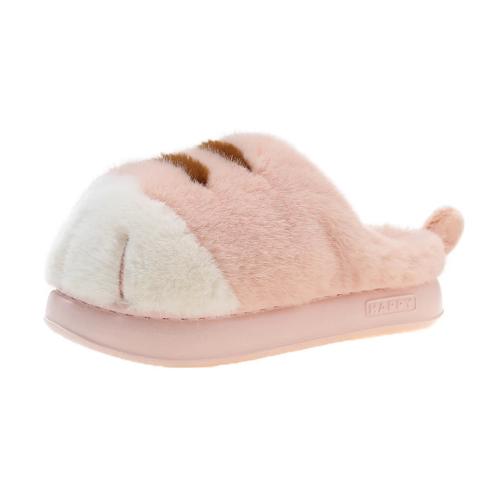 A pink and white plush home slipper designed to resemble a cat's paw, with a flat sole and a soft, fluffy interior.