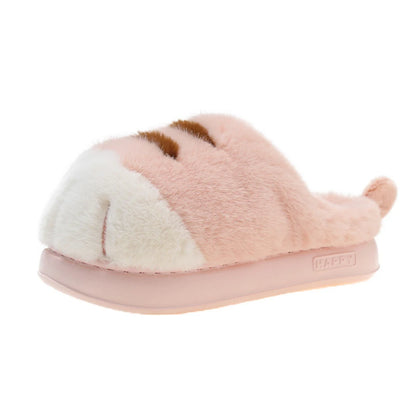 A pink and white plush home slipper designed to resemble a cat's paw, with a flat sole and a soft, fluffy interior.