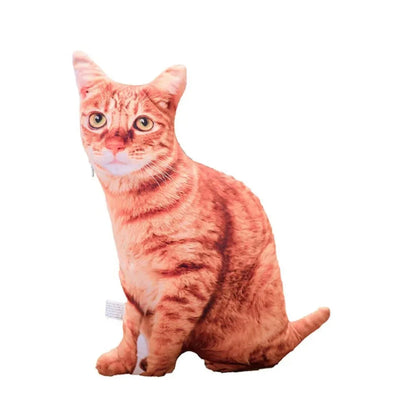 A 3D cat-shaped sofa decoration pillow in a realistic orange and white color scheme, sitting upright with a textured surface.