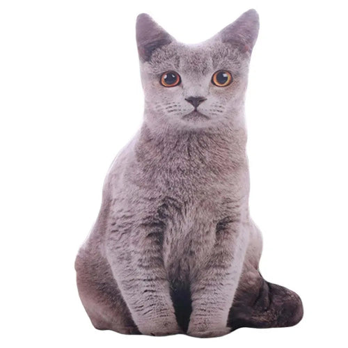 A 3D cat-shaped gray sofa decoration pillow sitting on a white background.