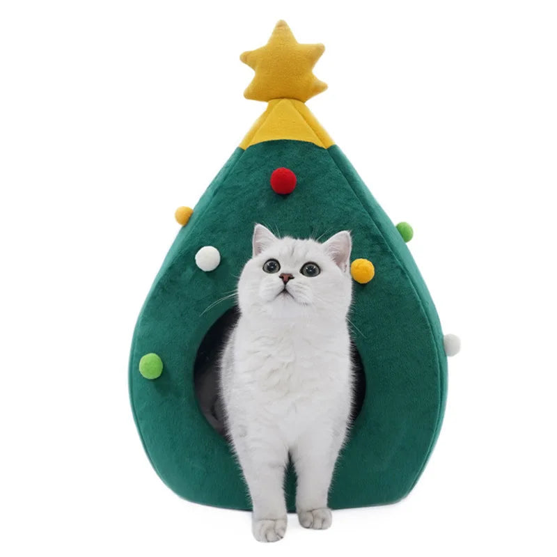 Christmas Tree Plush Pet Bed – Cozy Cave for Cats