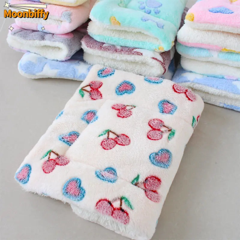 A plush fleece cat pad with a cherry blossom design, displayed in a stack with other similar blankets, indicating it is soft and warm.
