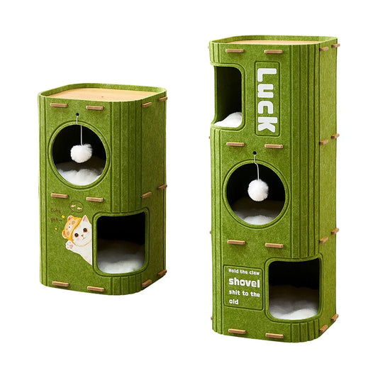 A set of green Cozy Cat Tree Condo Beds with multiple levels and a cat face design on the front.