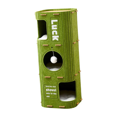 A green Cozy Cat Tree Condo Bed with multiple levels and a hideaway hut, designed for cats to play and relax.