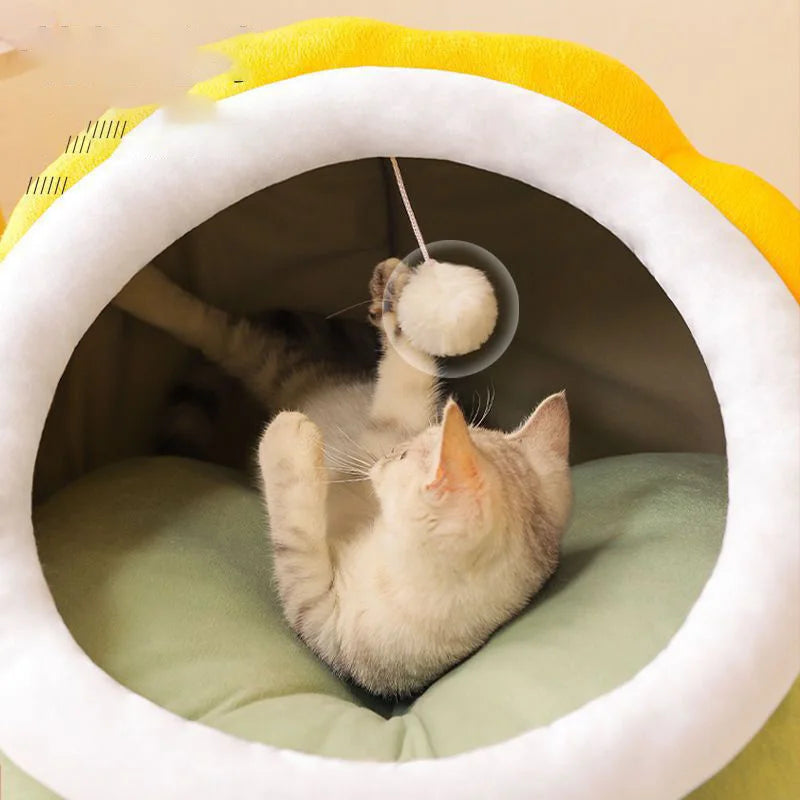 Cozy Haven Cat Bed with Playful Plush