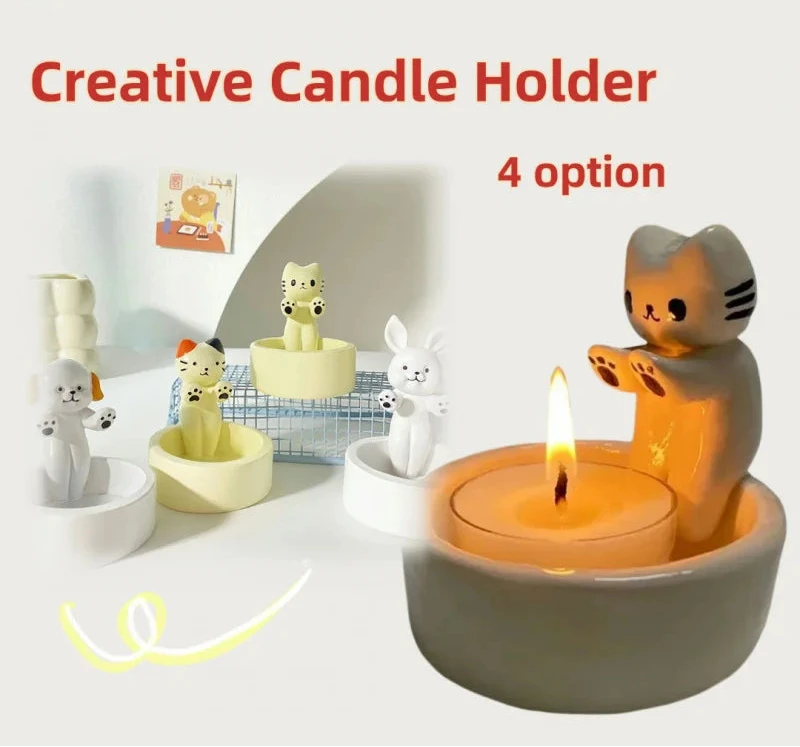 A set of four animal-themed candle holders, with one holding a candle lit, set against a white background. The holders are in the shapes of a cat, dog, and two rabbits, each with a stylized, cartoon-like appearance.