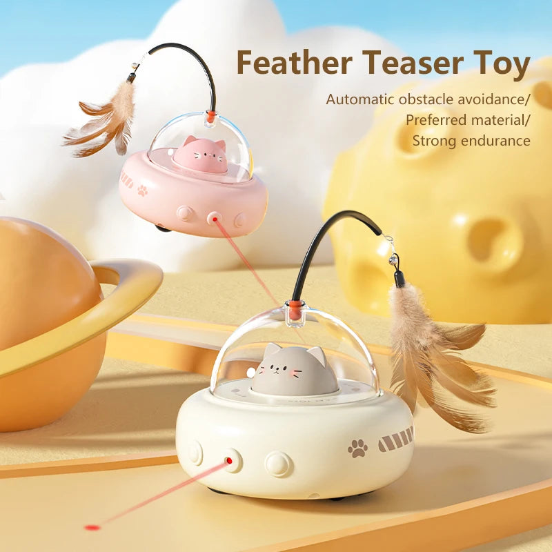 A cat teaser toy designed like a UFO with a pink and white color scheme, featuring a rotating mechanism and a feather stick attached to it, set against a backdrop of pastel-colored props.