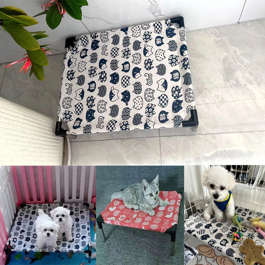 A collage of images showing a white and brown cat hammock with various patterns. Cats are seen resting and playing on the hammock, which is placed in different settings, including a home environment and an outdoor area.
