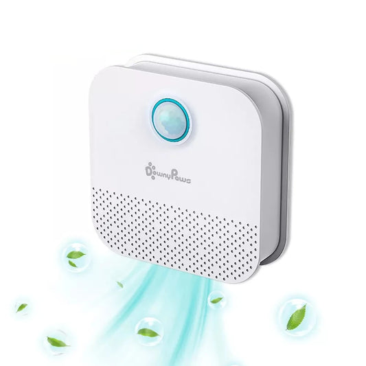 A white FelineFresh AirPurrifier with a blue light ring on the top, emitting a stream of air with a few leaves illustrating its air purifying feature.