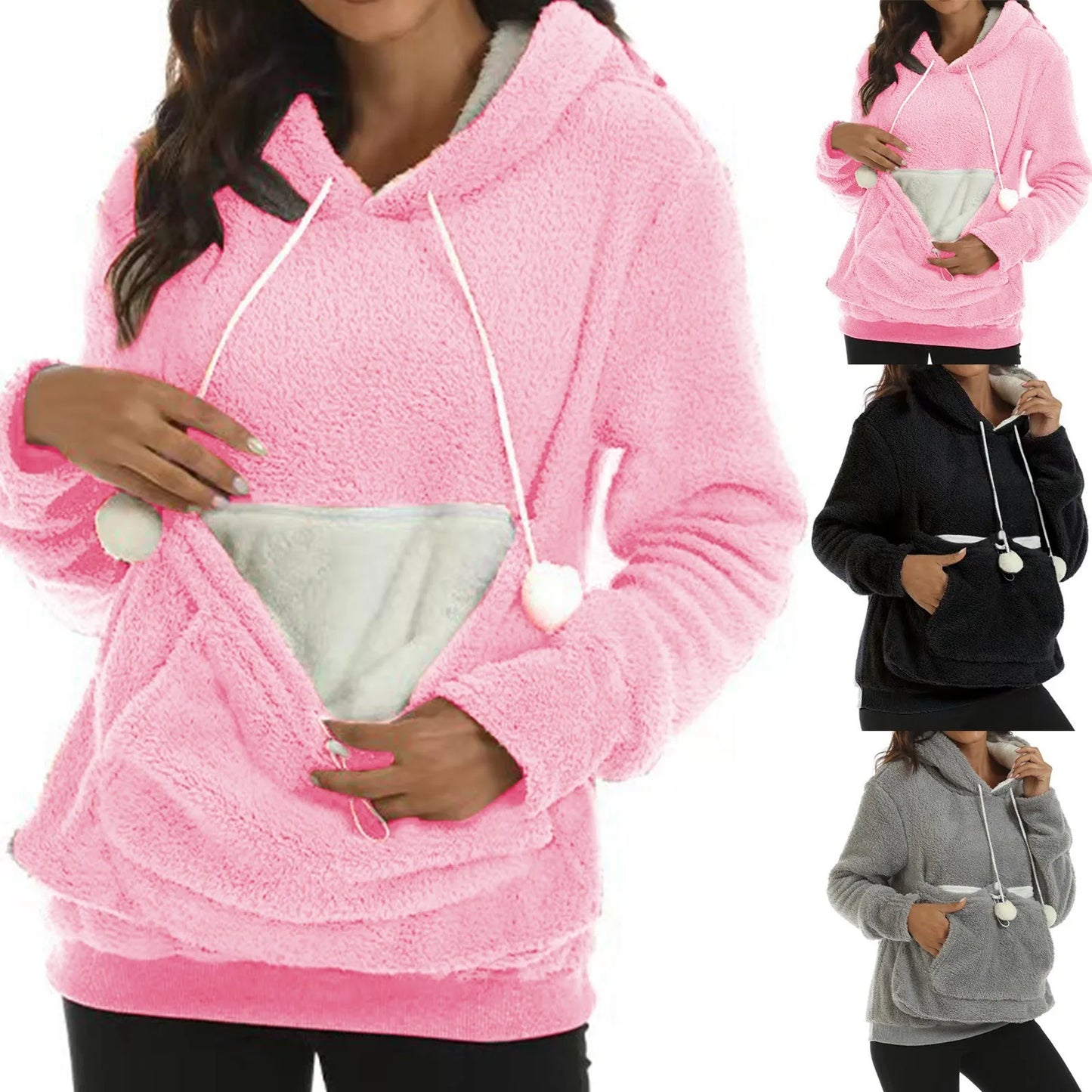 A collage of images showing a fleece pet carrier hoodie in pink and gray colors, with a built-in pouch for carrying a small pet. The hoodie is modeled by a person.