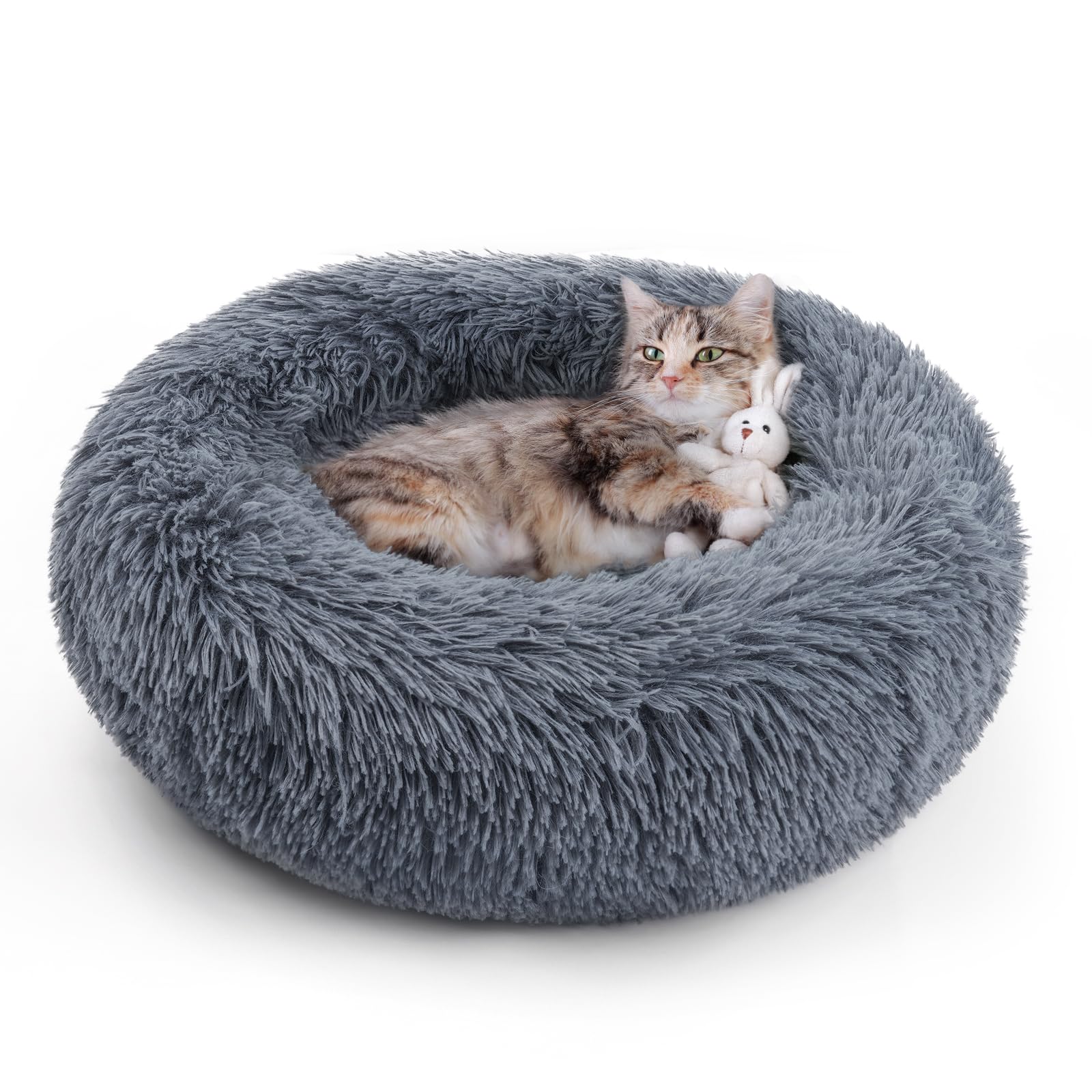 A gray Fluffy Haven Cat Bed with a plush, round design, showing a cat resting inside.
