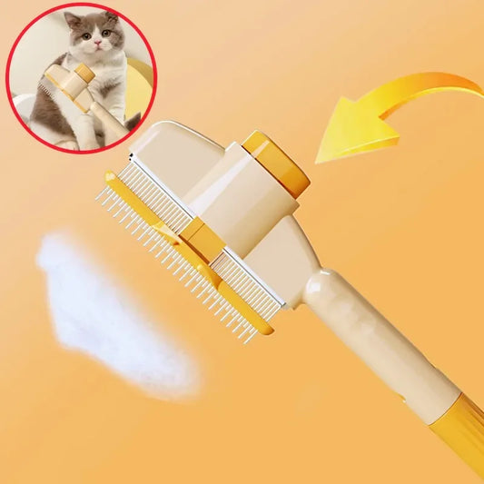A cat brush with a beige handle and yellow bristles, featuring a push-to-release function, demonstrated with a graphic illustration of a cat and a cloud of fur.