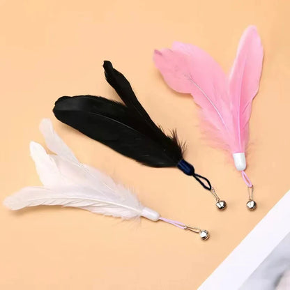 A collection of cat feather wands with detachable pink and black feathers and a suction cup base.