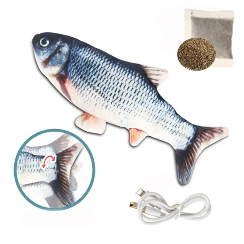 Fish-shaped toy with a plug and a small pouch on a white background