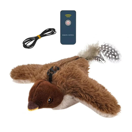 A brown interactive flying bird cat toy with a chirping sound feature and a wired remote control.