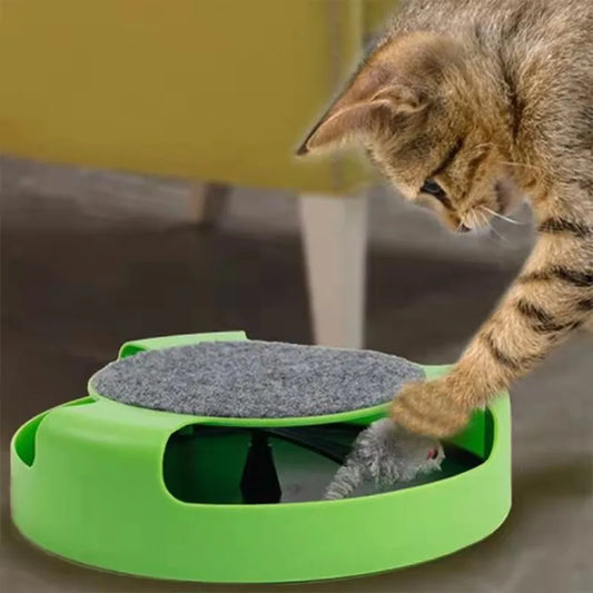 A cat interacting with a triple-layered green cat toy with spinning discs and a small mouse toy attached at the bottom.