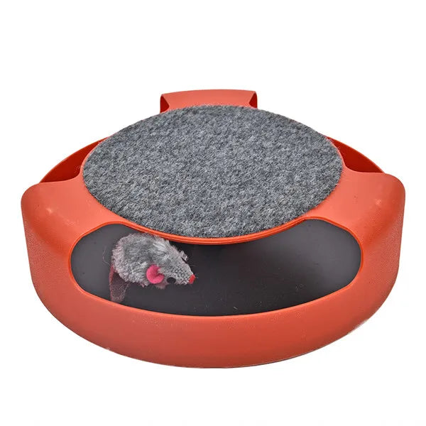 An orange and gray cat toy with a triple-layer play design, featuring spinning discs and a small toy mouse.
