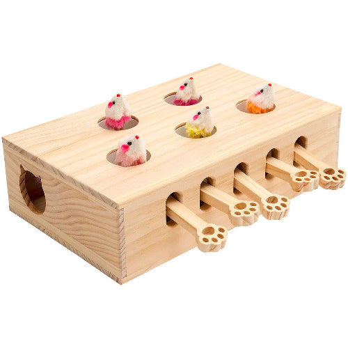 A wooden cat toy with holes for mice and logs for cats to play with.